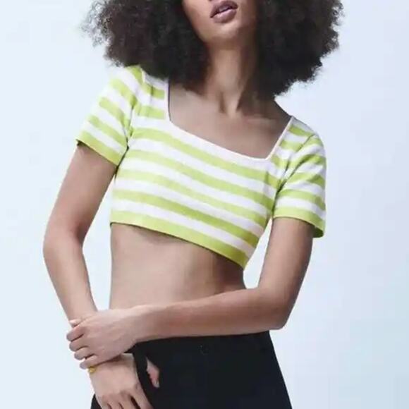 NEW ZARA Striped Square Neck Crop Top Short Sleeve Neon Green White Size Large - Picture 9 of 9